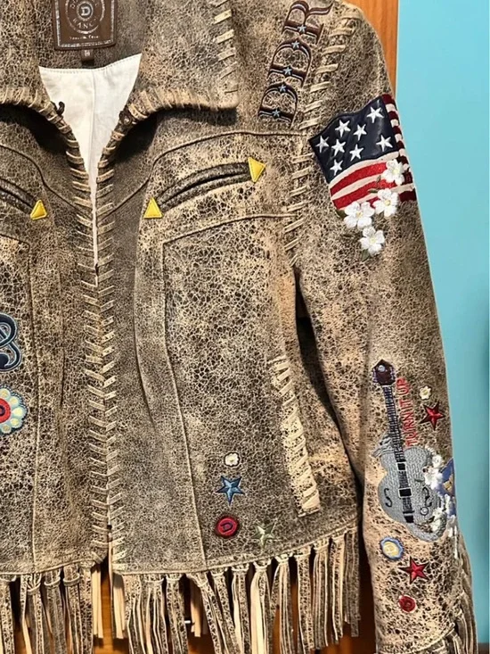 Rare Double D Ranch leather fringe jacket embroidered statue of Liberty eagle M - Picture 16 of 16